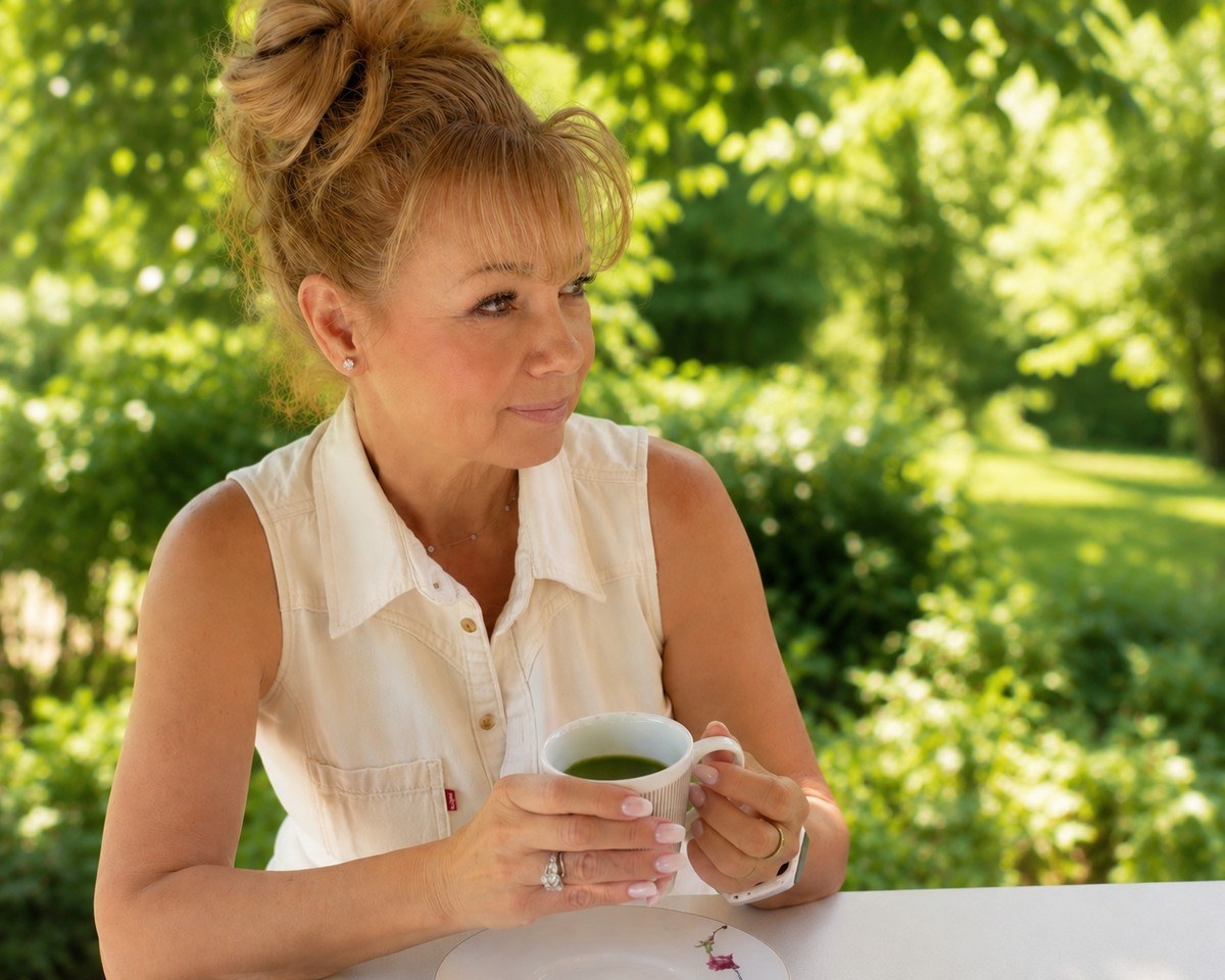 Lana enjoying tea in a peaceful garden setting